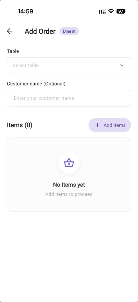 Kinyo app order screen