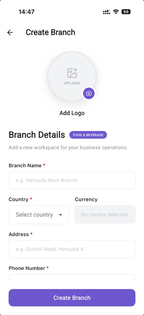 Kinyo app branch setup screen