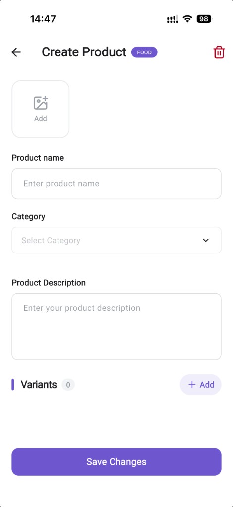 Kinyo app menu setup screen