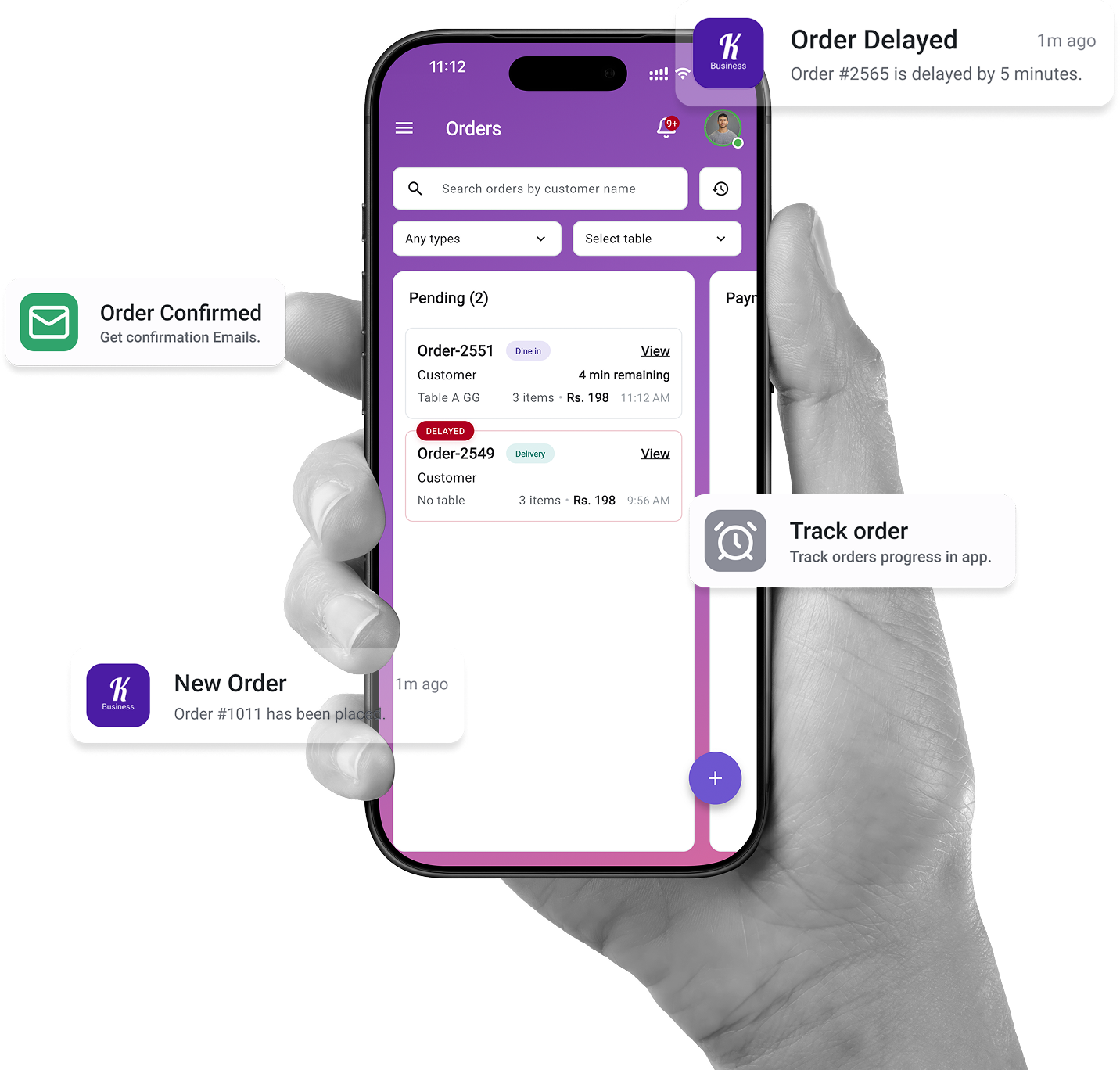 Hand holding a smartphone showing the Kinyo orders dashboard